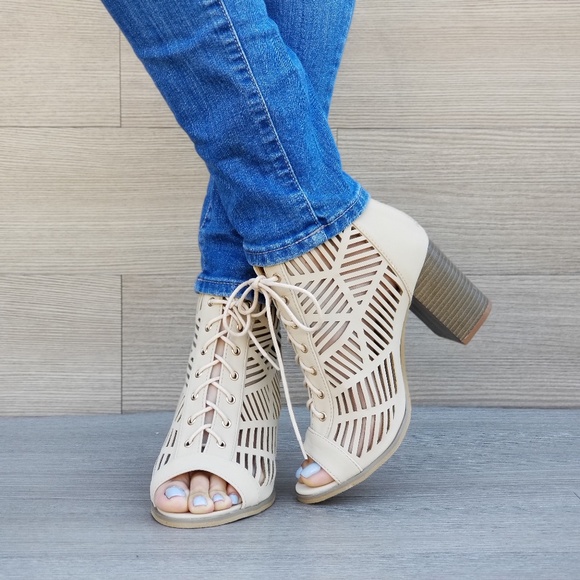 Shoes - Open Toe Laced Up Spring Cut Out Ankle Booties